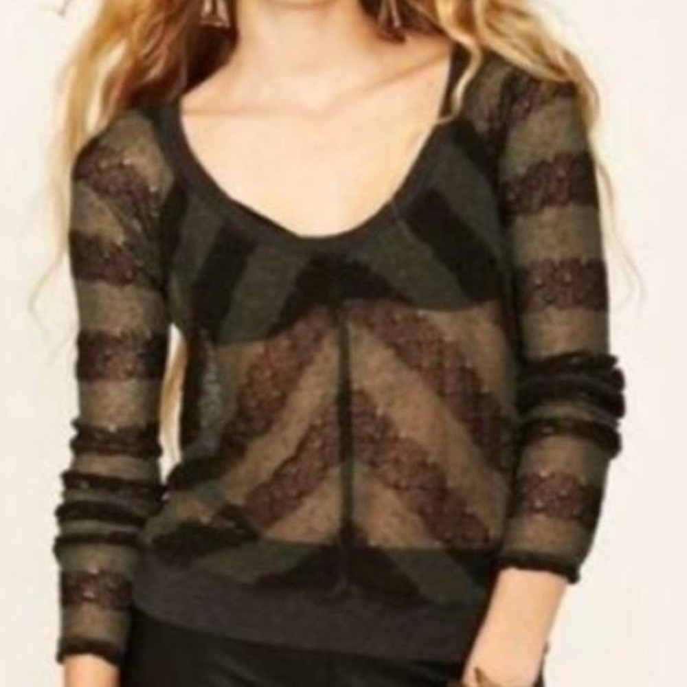 Free People We The Free Sweater Womens‎ Sz XS Black Chevron Stripe Sheer Stretch